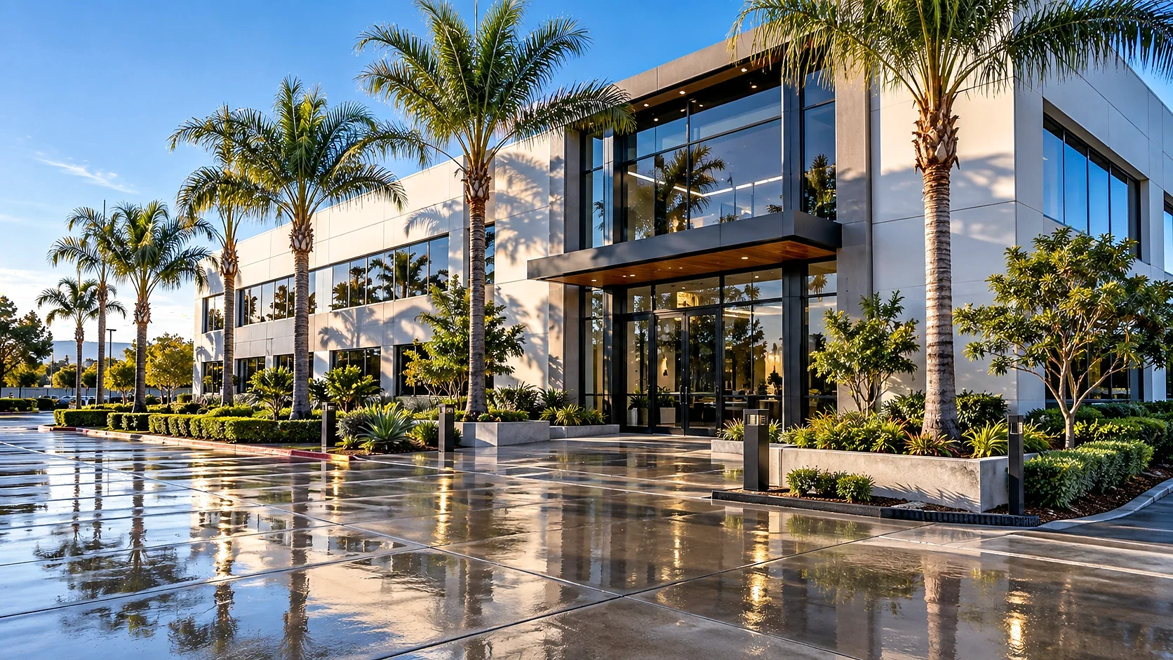Commercial property exterior and concrete surfaces after professional washing