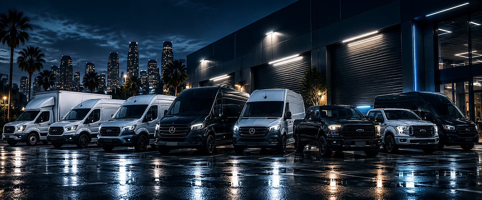 Fleet of commercial vans outside an industrial building